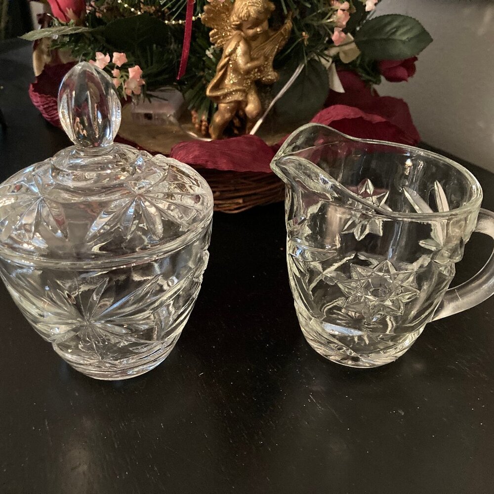 Anchor Hocking Vintage Crystal Glass Creamer & Sugar Bowl